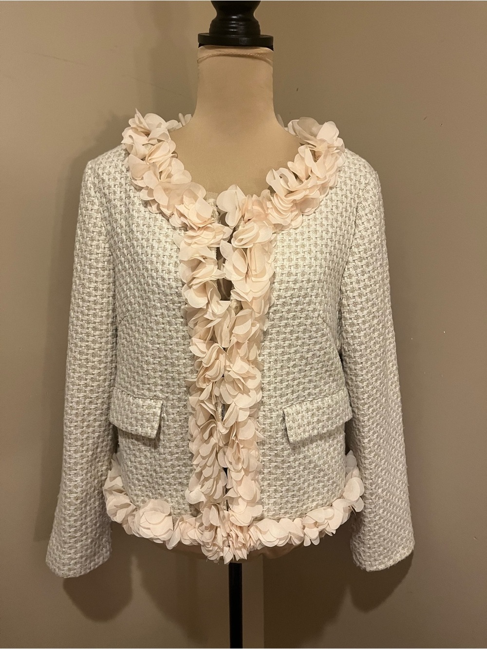 Anthropologie Young Essence Cream Woven Floral-Trim Blazer